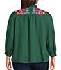 Calessa Plus Size Embroidered Crinkle Ruffled Split V-Neck Bracelet Length Sleeve Tunic, Color:Emerald Multi - Image 2