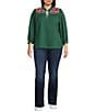 Calessa Plus Size Embroidered Crinkle Ruffled Split V-Neck Bracelet Length Sleeve Tunic, Color:Emerald Multi - Image 3