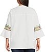 Color:White Multi - Image 2 - Plus Size Embroidered Crinkle Woven Split V-Neck 3/4 Ruffled Sleeve Tunic