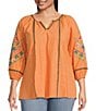 Color:Orange Multi - Image 1 - Plus Size Embroidered Crinkled Floral Print Notch Collar Neck 3/4 Sleeve Tunic