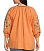 Color:Orange Multi - Image 2 - Plus Size Embroidered Crinkled Floral Print Notch Collar Neck 3/4 Sleeve Tunic