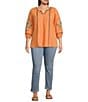 Color:Orange Multi - Image 3 - Plus Size Embroidered Crinkled Floral Print Notch Collar Neck 3/4 Sleeve Tunic