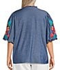 Calessa Plus Size Embroidered Elbow Sleeve Ruffle Mock Neck Tunic, Color:Indigo Multi - Image 2