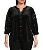 Calessa Plus Size Embroidered Faux Pearl Beaded 3/4 Sleeve Split V-Neck Button Front Tunic, Color:Black - Image 1