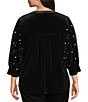 Calessa Plus Size Embroidered Faux Pearl Beaded 3/4 Sleeve Split V-Neck Button Front Tunic, Color:Black - Image 2