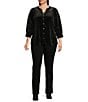 Calessa Plus Size Embroidered Faux Pearl Beaded 3/4 Sleeve Split V-Neck Button Front Tunic, Color:Black - Image 3