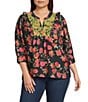 Calessa Plus Size Embroidered Floral Round Split V-Neck 3/4 Sleeve Tunic, Color:Black Multi - Image 1