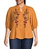 Calessa Plus Size Embroidered Floral Split V-Neck 3/4 Sleeve Button Front Tunic, Color:Gold Multi - Image 1