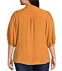 Calessa Plus Size Embroidered Floral Split V-Neck 3/4 Sleeve Button Front Tunic, Color:Gold Multi - Image 2
