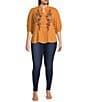 Calessa Plus Size Embroidered Floral Split V-Neck 3/4 Sleeve Button Front Tunic, Color:Gold Multi - Image 3
