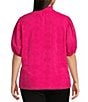 Calessa Plus Size Embroidered High Ruffled Split V-Neck Short Puff Sleeve Tunic, Color:Fuchsia - Image 2