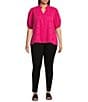 Calessa Plus Size Embroidered High Ruffled Split V-Neck Short Puff Sleeve Tunic, Color:Fuchsia - Image 3