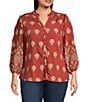 Calessa Plus Size Embroidered Medallion Ruffle Notch V-Neck Bracelet Sleeve Button-Front Tunic, Color:Crimson/Sand - Image 1