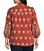 Calessa Plus Size Embroidered Medallion Ruffle Notch V-Neck Bracelet Sleeve Button-Front Tunic, Color:Crimson/Sand - Image 2