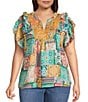 Calessa Plus Size Embroidered Modern Mosaic Print Ruffle Sleeve Tunic - Image 1