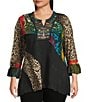 Calessa Plus Size Embroidered Patchwork Animal Print Split V-Neck 3/4 Sleeve Tunic, Color:Emerald Multi - Image 1