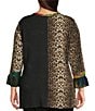 Calessa Plus Size Embroidered Patchwork Animal Print Split V-Neck 3/4 Sleeve Tunic, Color:Emerald Multi - Image 2
