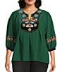 Calessa Plus Size Embroidered Patchwork Print Round Split V-Neck 3/4 Sleeve Tunic, Color:Emerald Multi - Image 1