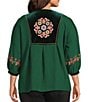 Calessa Plus Size Embroidered Patchwork Print Round Split V-Neck 3/4 Sleeve Tunic, Color:Emerald Multi - Image 2