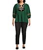 Calessa Plus Size Embroidered Patchwork Print Round Split V-Neck 3/4 Sleeve Tunic, Color:Emerald Multi - Image 3