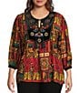 Calessa Plus Size Embroidered Patchwork Print Split V-Neck 3/4 Sleeve Tassel Tie Tunic, Color:Gold Multi - Image 1