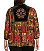 Calessa Plus Size Embroidered Patchwork Print Split V-Neck 3/4 Sleeve Tassel Tie Tunic, Color:Gold Multi - Image 2