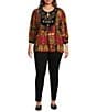 Calessa Plus Size Embroidered Patchwork Print Split V-Neck 3/4 Sleeve Tassel Tie Tunic, Color:Gold Multi - Image 3