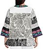 Calessa Plus Size Embroidered Patchwork Print Split V-Neck 3/4 Sleeve Tunic, Color:Black Multi - Image 2