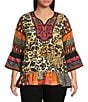 Calessa Plus Size Embroidered Cheetah Patchwork Print Split V-Neck 3/4 Sleeve Tunic, Color:Black Multi - Image 1