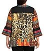 Calessa Plus Size Embroidered Cheetah Patchwork Print Split V-Neck 3/4 Sleeve Tunic, Color:Black Multi - Image 2