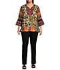Calessa Plus Size Embroidered Cheetah Patchwork Print Split V-Neck 3/4 Sleeve Tunic, Color:Black Multi - Image 3
