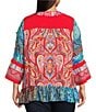 Calessa Plus Size Embroidered Patchwork Print Split V-Neck 3/4 Sleeve Tunic, Color:Red Multi - Image 2
