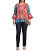 Calessa Plus Size Embroidered Patchwork Print Split V-Neck 3/4 Sleeve Tunic, Color:Red Multi - Image 3
