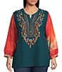 Calessa Plus Size Embroidered Patchwork Print Split V-Neck Wrist Sleeve Tunic, Color:Emerald Muti - Image 1