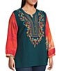 Calessa Plus Size Embroidered Patchwork Print Split V-Neck Wrist Sleeve Tunic, Color:Emerald Muti - Image 3