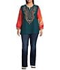 Calessa Plus Size Embroidered Patchwork Print Split V-Neck Wrist Sleeve Tunic, Color:Emerald Muti - Image 5