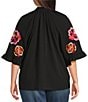 Calessa Plus Size Embroidered Patchwork Ruffle Split V-Neck 3/4 Sleeve Tunic, Color:Black Multi - Image 2