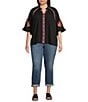 Calessa Plus Size Embroidered Patchwork Ruffle Split V-Neck 3/4 Sleeve Tunic, Color:Black Multi - Image 3