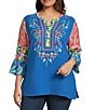 Calessa Plus Size Embroidered Patchwork Split V-Neck 3/4 Flounce Sleeve Tunic - Image 1