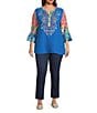 Calessa Plus Size Embroidered Patchwork Split V-Neck 3/4 Flounce Sleeve Tunic - Image 3