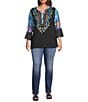 Calessa Plus Size Embroidered Patchwork Split V-Neck 3/4 Sleeve Tunic, Color:Black Multi - Image 5