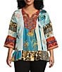 Calessa Plus Size Embroidered Patchwork Split V-Neck 3/4 Sleeve Tunic, Color:Turquoise Multi - Image 1