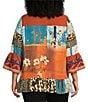 Calessa Plus Size Embroidered Patchwork Split V-Neck 3/4 Sleeve Tunic, Color:Turquoise Multi - Image 2