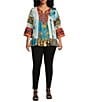 Calessa Plus Size Embroidered Patchwork Split V-Neck 3/4 Sleeve Tunic, Color:Turquoise Multi - Image 3