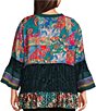 Calessa Plus Size Embroidered Patchwork Split V-Neck 3/4 Sleeve Tunic, Color:Emerald Multi - Image 2