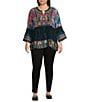Calessa Plus Size Embroidered Patchwork Split V-Neck 3/4 Sleeve Tunic, Color:Emerald Multi - Image 3