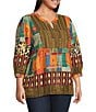 Calessa Plus Size Embroidered Patchwork Split V-Neck 3/4 Sleeve Tunic, Color:Black Multi - Image 3