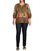 Calessa Plus Size Embroidered Patchwork Split V-Neck 3/4 Sleeve Tunic, Color:Black Multi - Image 5