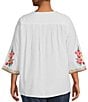 Color:White Multi - Image 2 - Plus Size Embroidered Patchwork Woven V-Neck 3/4 Sleeve Tunic