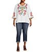 Color:White Multi - Image 4 - Plus Size Embroidered Patchwork Woven V-Neck 3/4 Sleeve Tunic